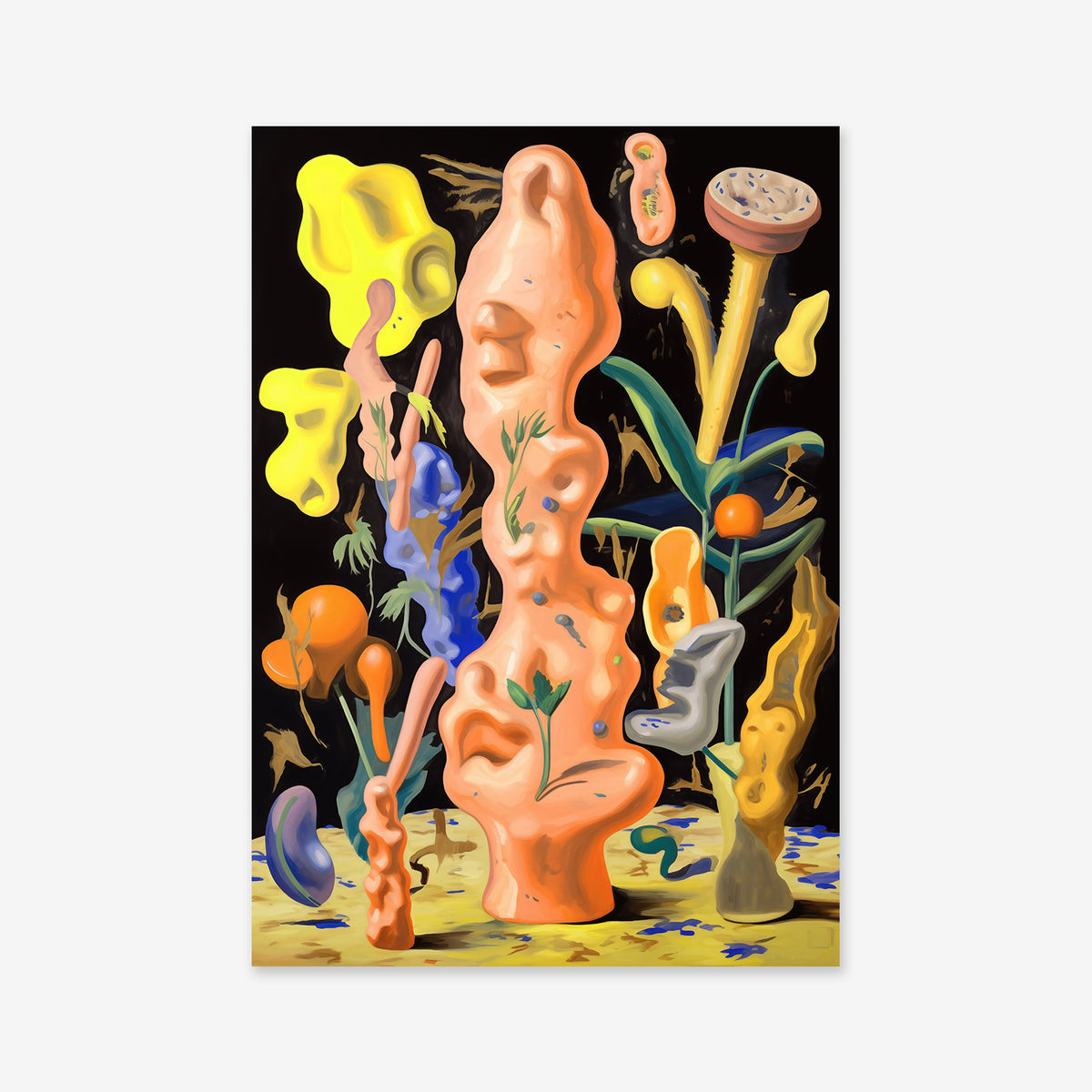 Plantorama madness No. 6: Surreal digital art with tall, clay-like orange and yellow forms, plant stems, and leaves. This striking Giclée print adds modern flair to your space, printed on premium matte archival paper.