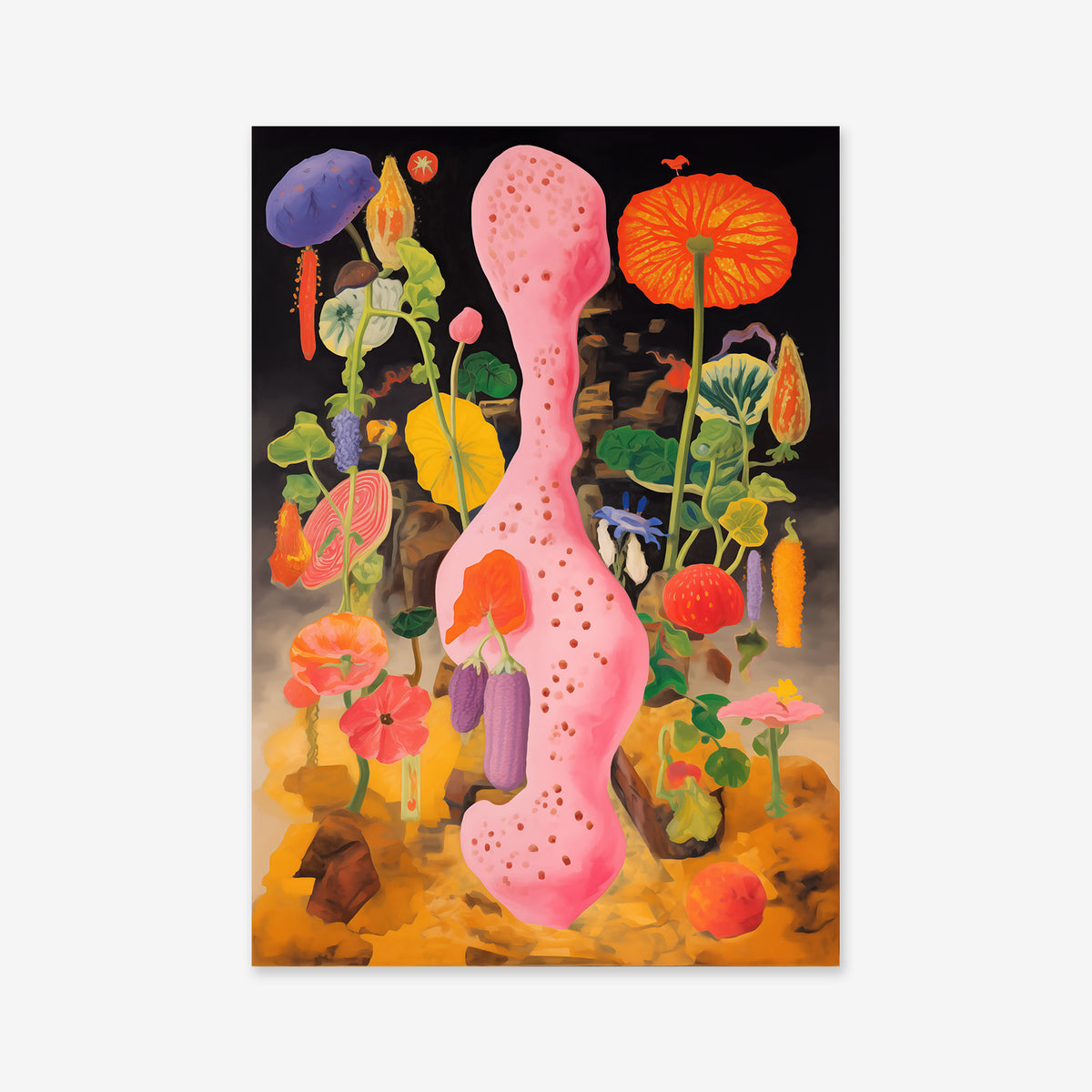 The art print "Plantorama madness No. 7" showcases a surreal, pink coral-like form at the center, accented by vibrant flowers and plants on a dark background with scattered yellow and orange ground elements.