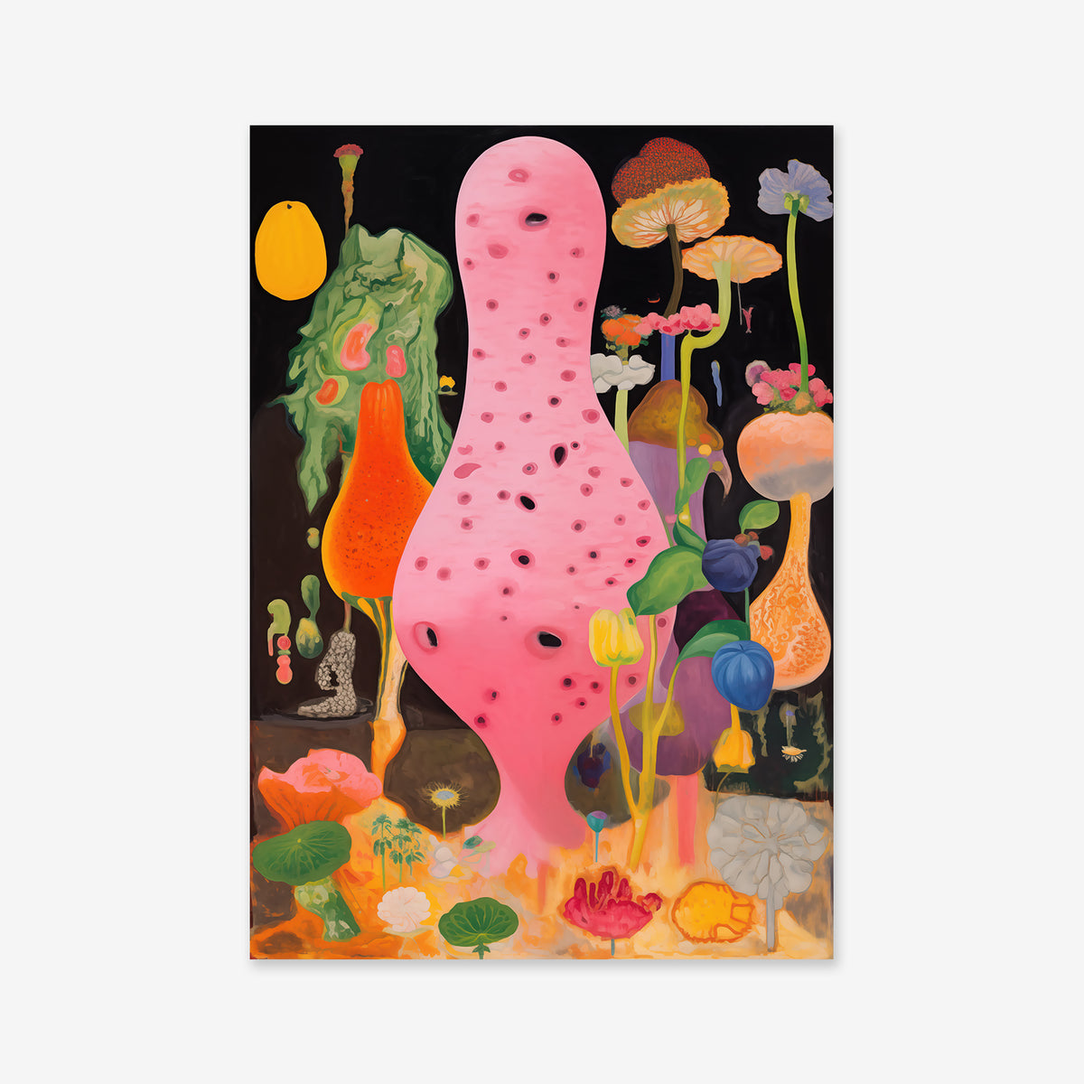 Plantorama Madness No. 8 is a surreal giclée art print featuring a pink, organic, blob-like figure with holes among vibrant abstract plants and flowers on a dark background—perfect for adding imagination to any modern interior.