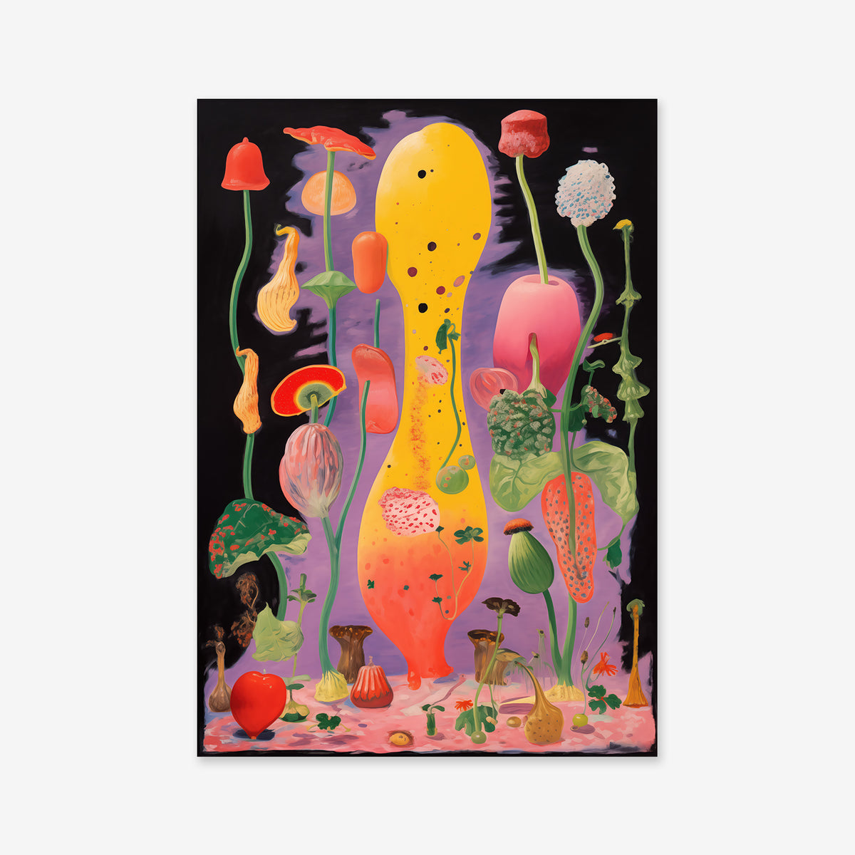 Plantorama madness No. 9 is a vibrant Giclée art print featuring surreal, elongated shapes and imaginative plants on a dark background with pink and yellow gradients. Ideal for modern interiors, it’s arranged vertically for striking visual impact.