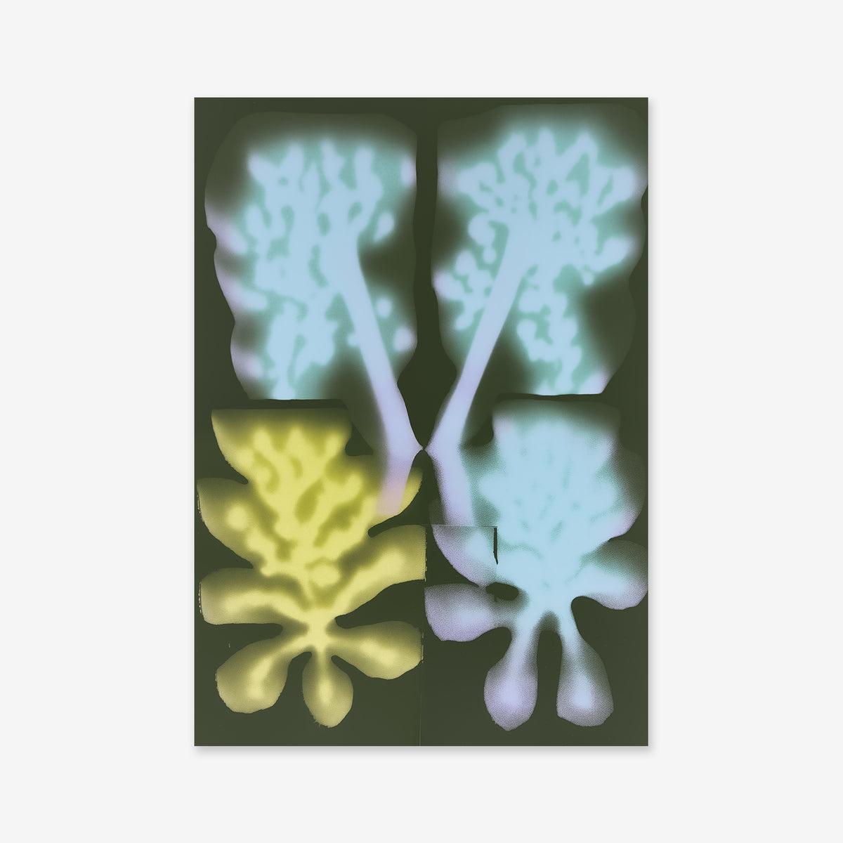 “Plants in the dark No. 1” features four stylized plant forms—two light blue, two yellow—on a deep green background with soft, glowing edges. This abstract piece brings an atmospheric touch to modern interiors as a Giclée art print.