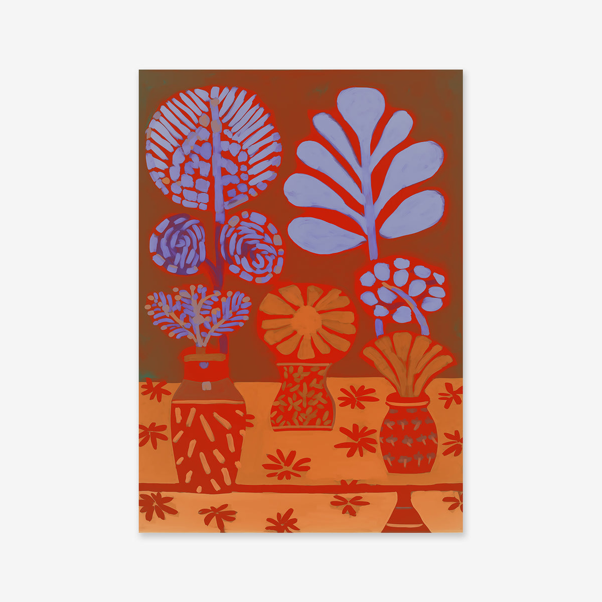 Plants & Vases No. 4 is a vibrant Giclée art print featuring three vases with abstract plants and flowers in red, orange, and purple on a patterned surface—ideal for adding charm to any modern space.