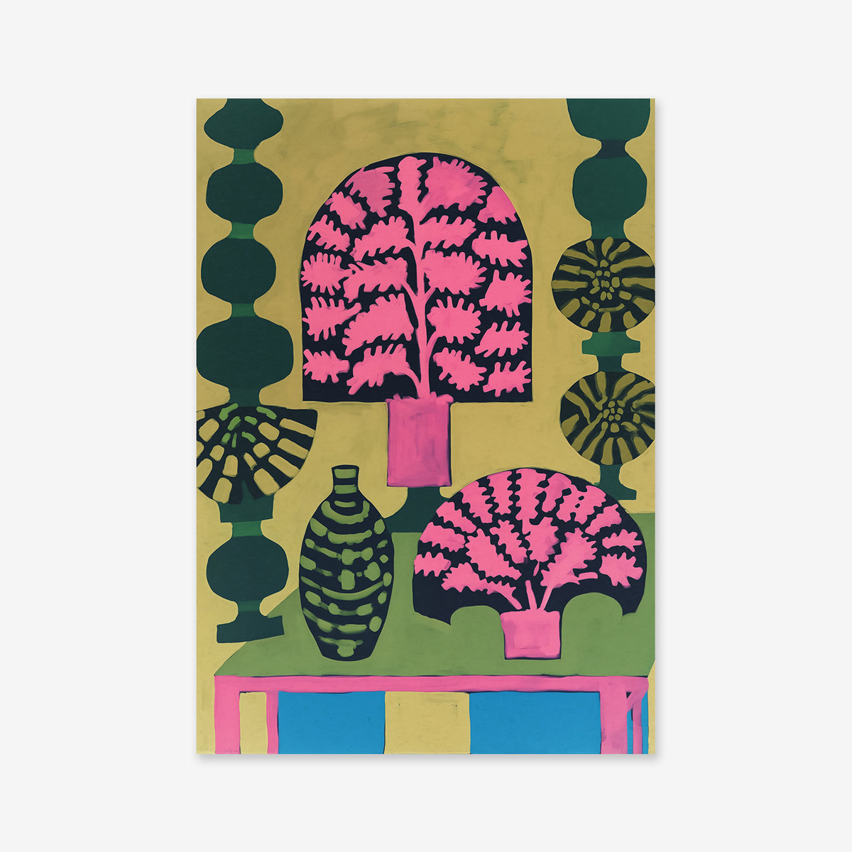 Plants & Vases No. 3 is a colorful giclée art print with two pink potted plants on a table, featuring a green and black vase and abstract green shapes with yellow circular designs—ideal for modern interiors.
