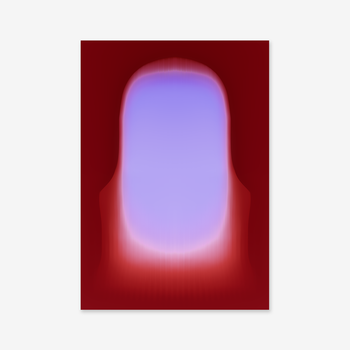 Pod is a digital abstract image featuring a glowing blue and purple central shape on a deep red gradient background with smooth, blurred edges—ideal as a giclée art print for any modern interior.