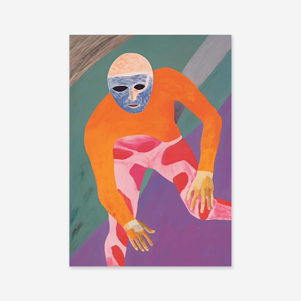 Pose No. 8: A stylized figure in an orange top, pink and white pants, and a blue and white mask on a vibrant abstract background—ideal as a Giclée art print to elevate any modern interior.