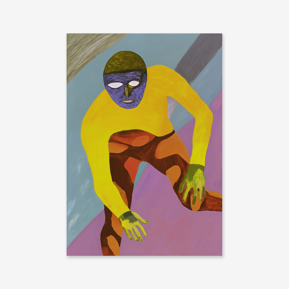 “Pose No. 9” features an abstract figure with a green and purple face, yellow shirt, and brown-red pants, crouching amid a colorful geometric background—an ideal giclée art print for modern spaces.