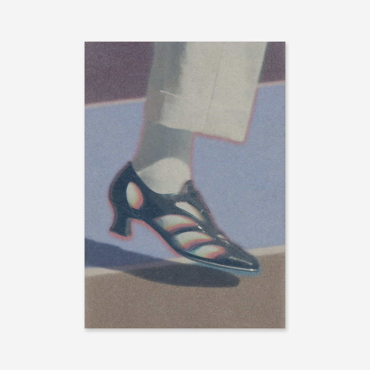 Power walk" is a vintage-inspired Giclée art print featuring a person in white pants, socks, and low-heeled black strappy shoes. With muted purple, brown, and blue tones, it brings timeless charm to any modern interior.