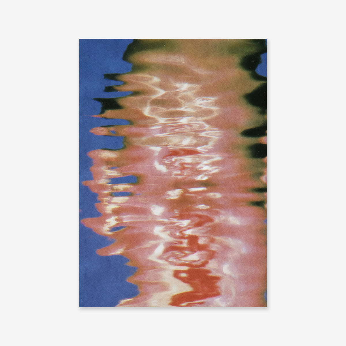 Prosopagnosia No. 1 is an abstract giclée art print featuring distorted, rippling reflections of pink, orange, and white light against a deep blue background.