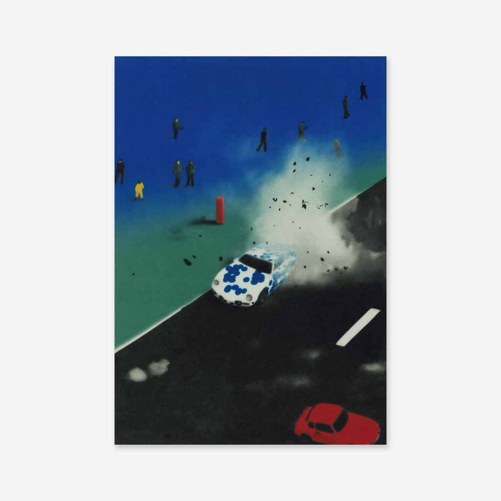 Race" is an illustration depicting a white car with blue spots crashing and kicking up debris near a road, with scattered people in the background and a red car in the bottom right—an ideal Giclée art print for modern interiors.