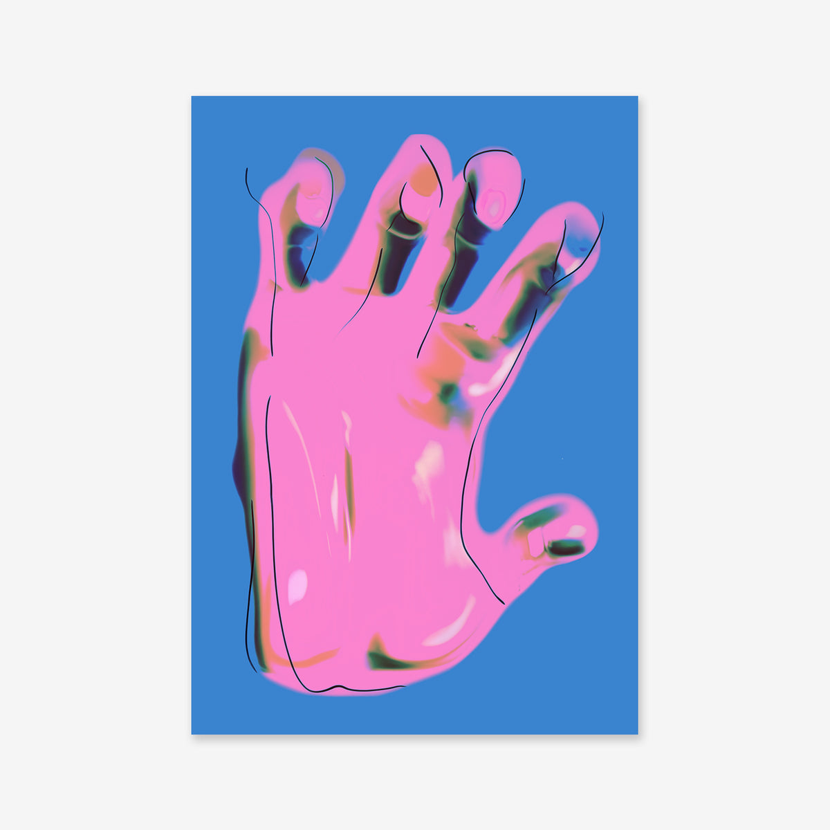 Reaching No. 1" features a semi-abstract pink hand with distorted features on a blue background—a striking giclée art print to enhance the color and intrigue of any modern space.