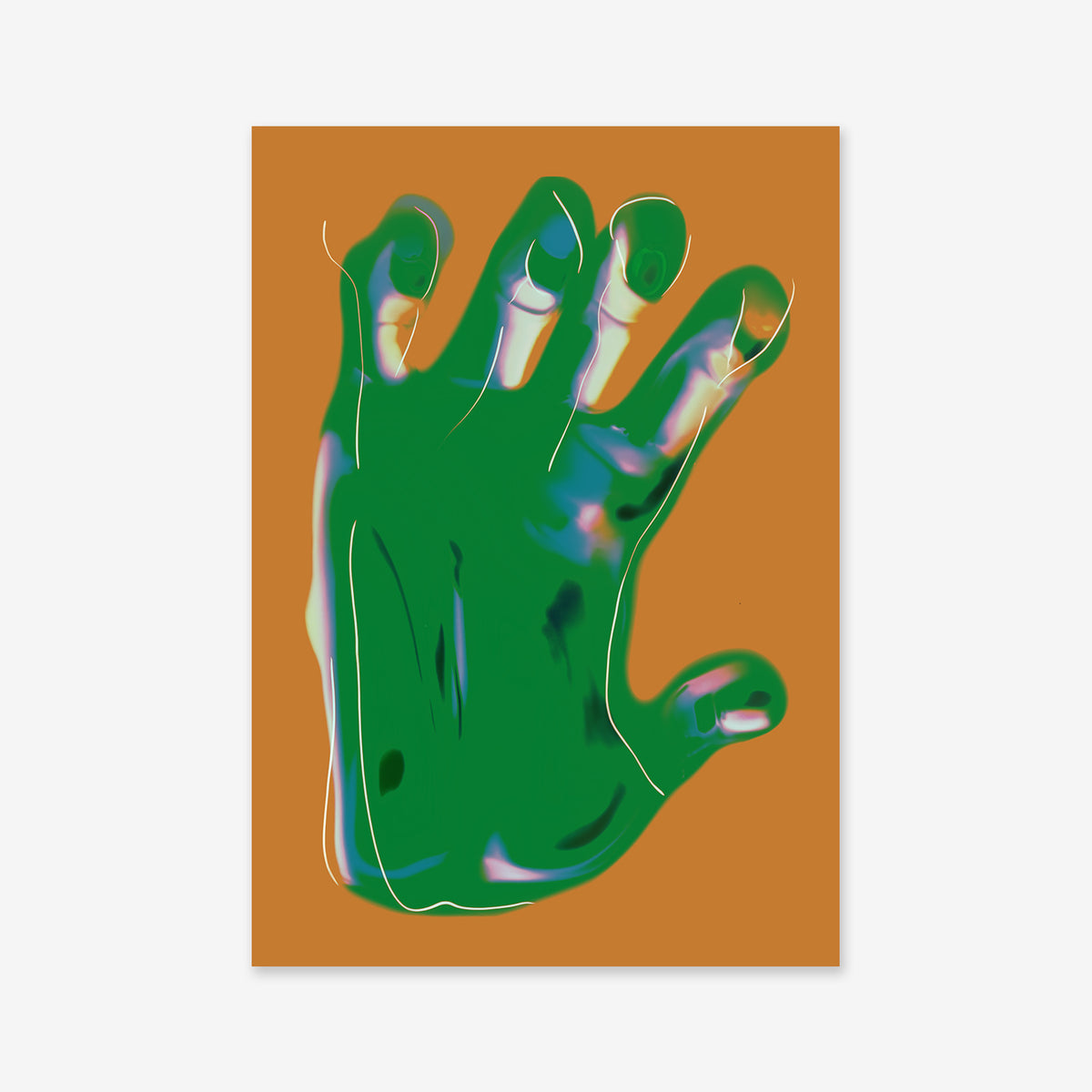 Reaching No. 2" features a stylized green hand with colorful abstract accents on a vivid orange background. This unique, painterly giclée print adds a bold touch to any modern space.
