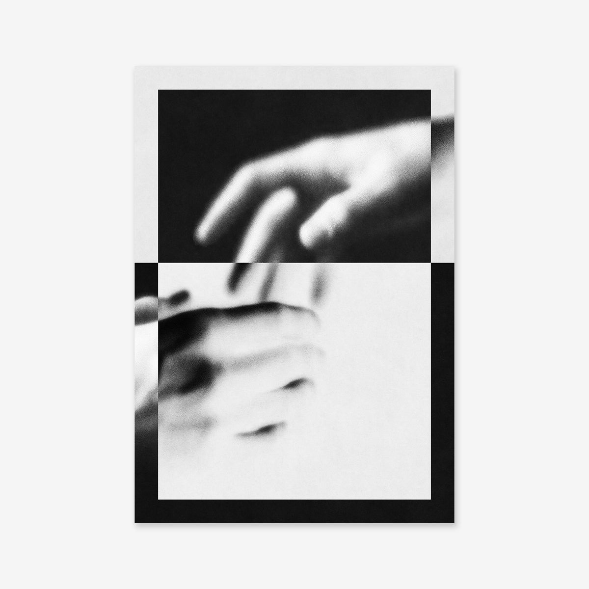 Reconnect features two blurred hands reaching toward each other, divided by black and white rectangles, forming a fragmented abstract composition—perfect as a Giclée art print to enhance any modern space.