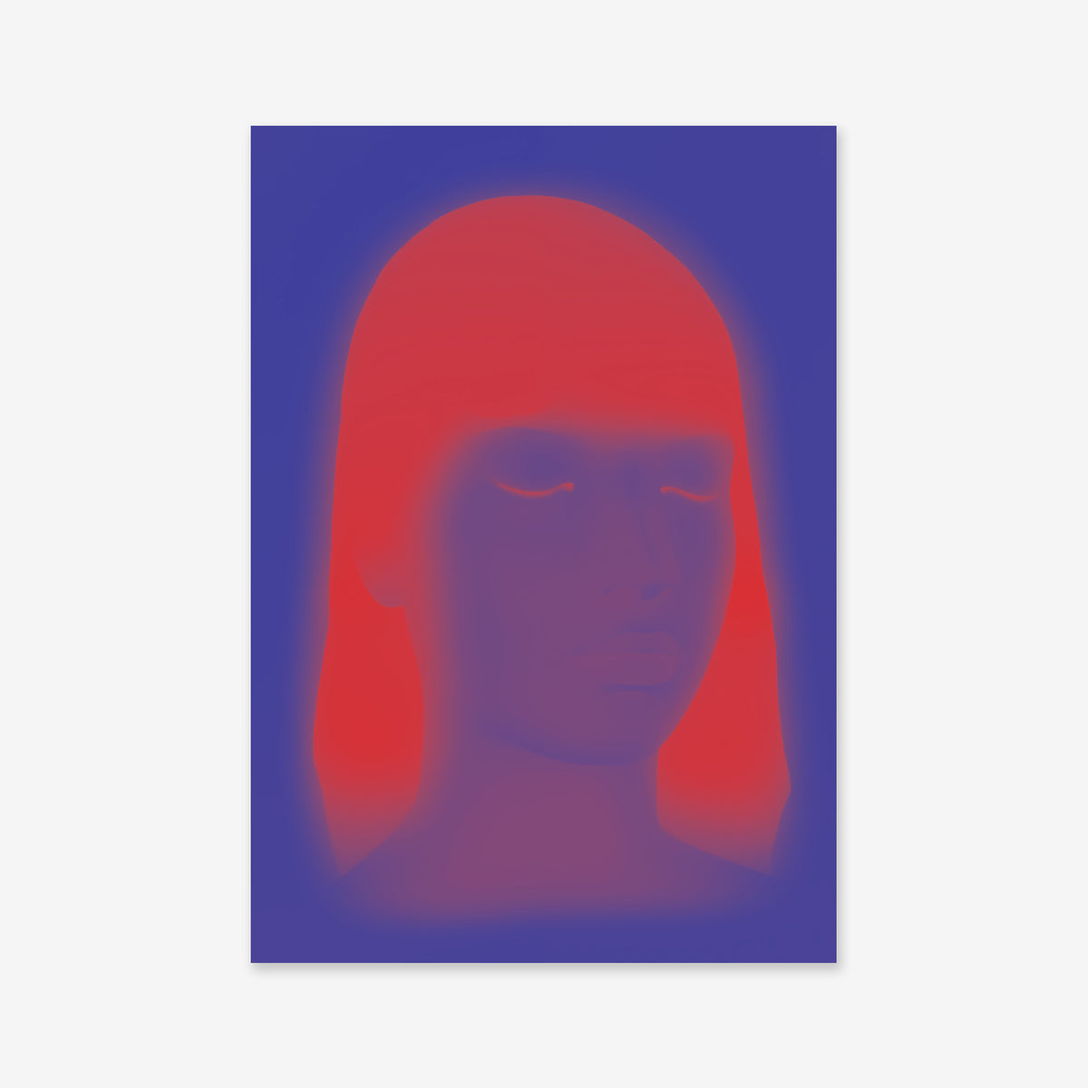 Red glow" is a stylized portrait of a person with closed eyes, featuring vibrant red and blue gradients. This Giclée art print makes a striking, modern statement piece for any interior.