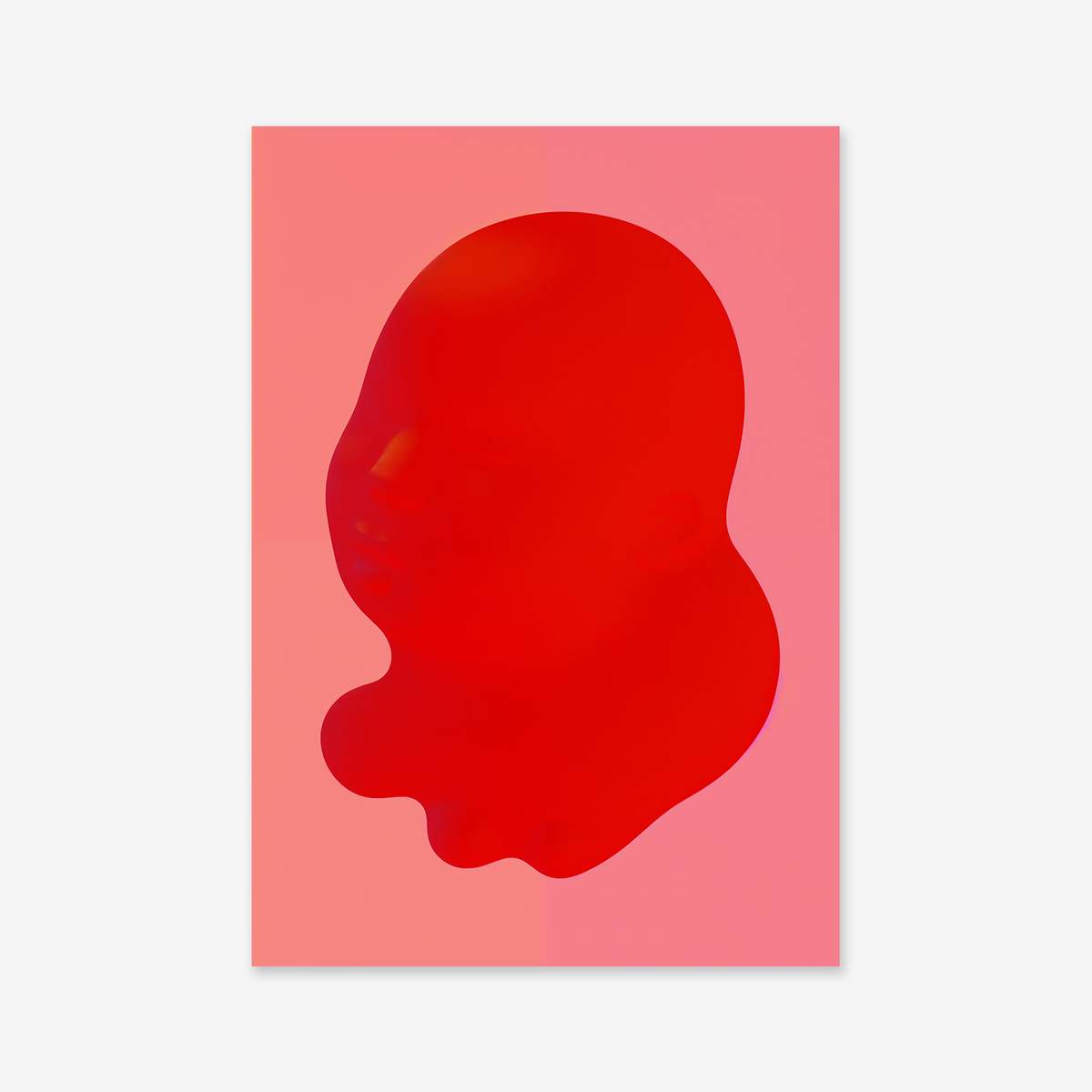 Red headed" is a digital artwork featuring an abstract red human face and upper body with smooth, fluid lines on a soft pink gradient background—ideal as a giclée print for modern interiors.