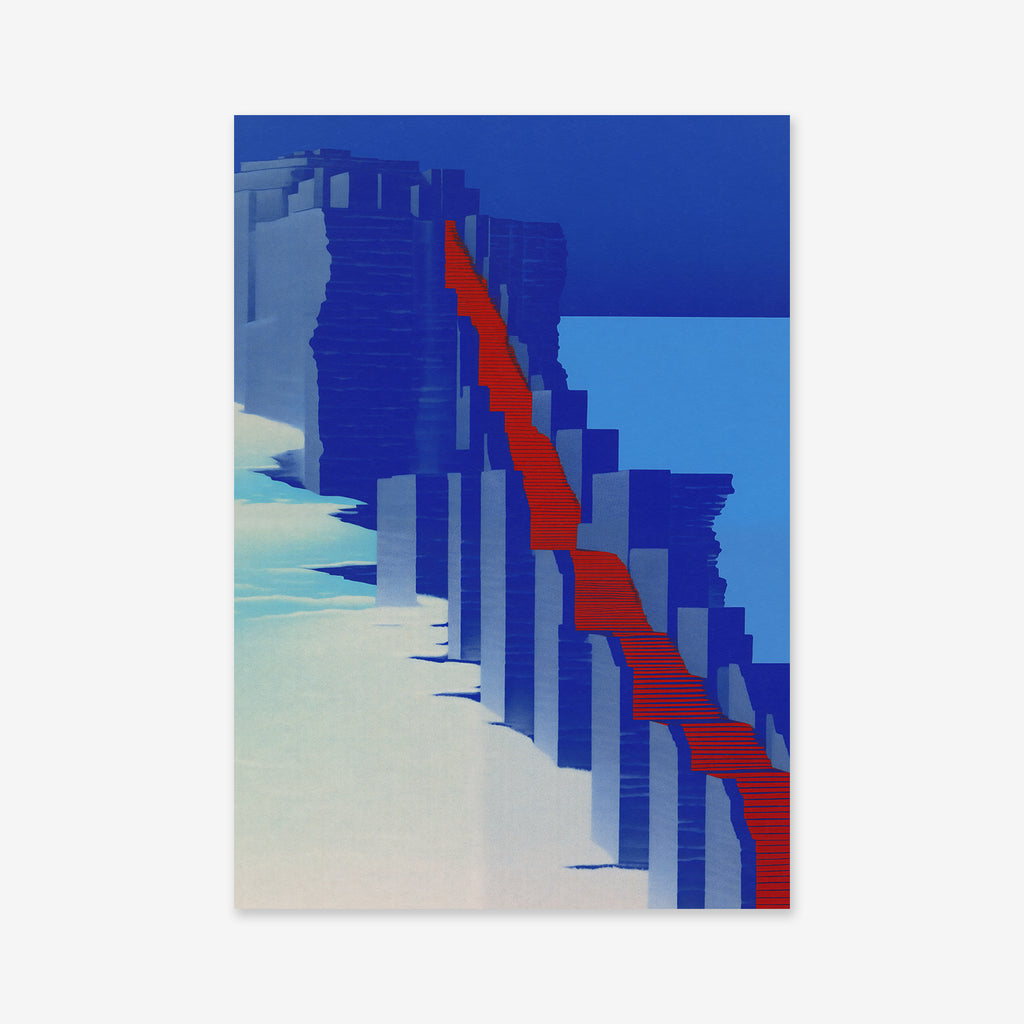 “Red stairs” is an abstract artwork with vertical blue and white shapes, a striking red diagonal line, and a gradient blue background—ideal as a Giclée art print on matte archival paper for modern interiors.