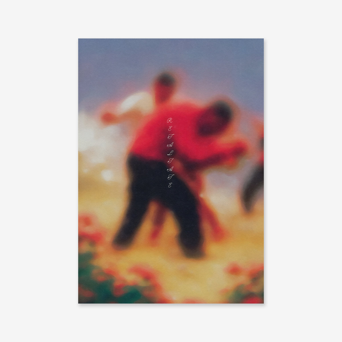 A blurred image of three people outdoors, two in the foreground with one supporting the other, set against a colorful soft-focus background. Vertical text reads RETALIATE in the center. Available as a giclée art print on archival paper.