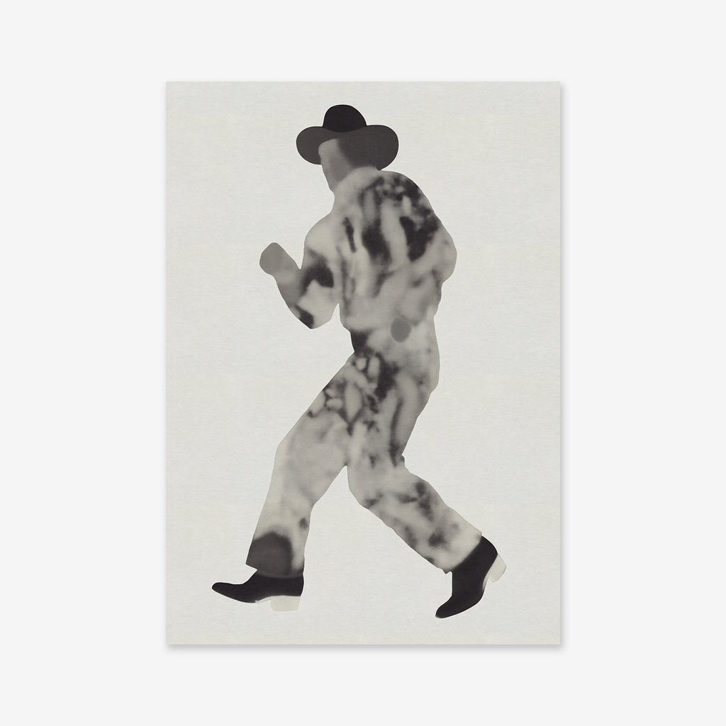 “Ridin” is a minimalist Giclée art print on archival paper, depicting a figure in a cowboy hat and boots with a striking black-and-white marbled pattern, set against a light background—perfect for adding bold style to any modern space.