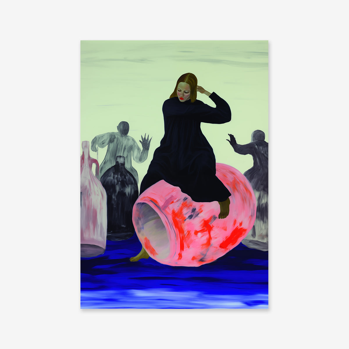 A woman in a black dress sits on a large, translucent, pink-and-red vessel floating on vivid blue water as shadowy figures stand among bottles in "Riding the bin," an evocative Giclée art print ideal for modern interiors.