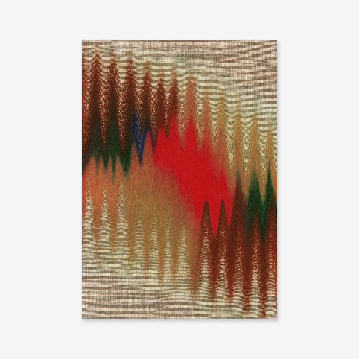 Ripple No. 3 is a vibrant giclée art print featuring abstract jagged, wave-like shapes in red, brown, green, and blue on a textured beige background—perfect for infusing any modern interior with dynamic energy.