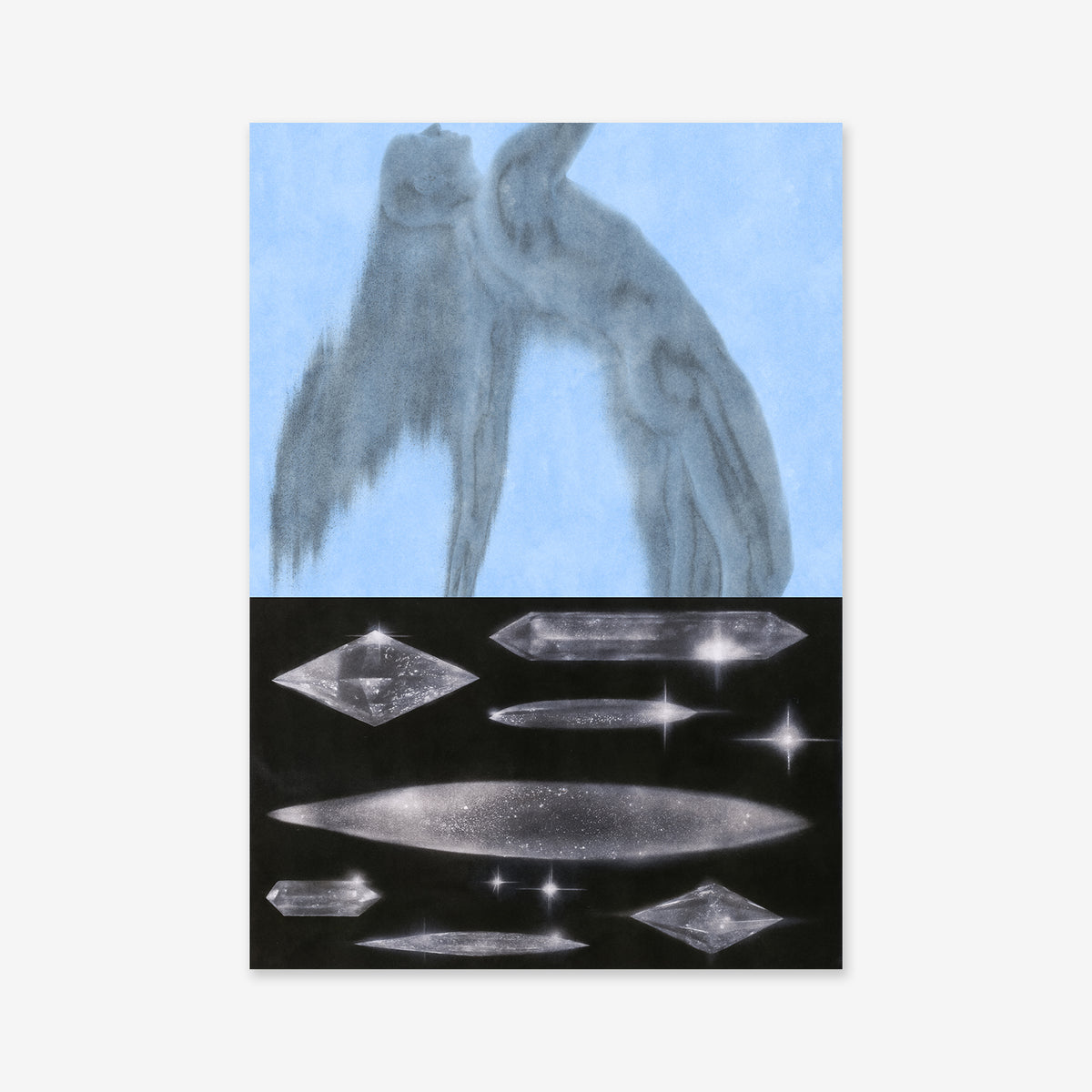 Rising features a blue, abstract human figure leaning back on a light blue background above a black panel with glowing diamonds and ovals—perfect as a giclée art print for modern interiors.
