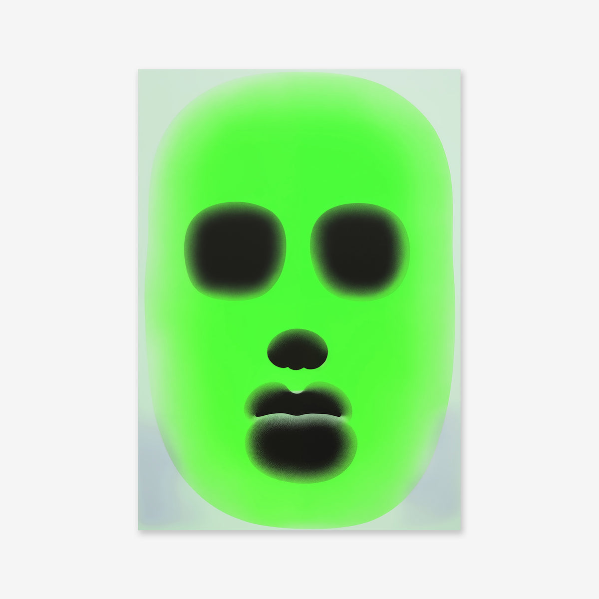 Riso face No. 6 is a glowing neon green, face-shaped Giclée art print with black, featureless eyes, nostrils, and lips. Its soft, blurred abstract style makes it ideal for modern interior decor.