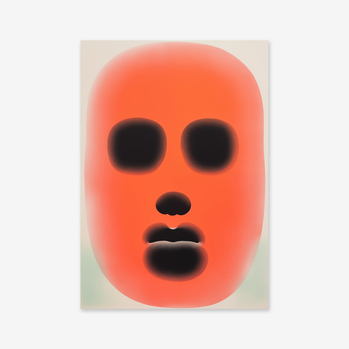Riso face No. 8: A minimalist artwork of a red, oval mask with bold black eyes, nostrils, and lips glowing on a light background. Ideal as a Giclée art print for modern interior decor.