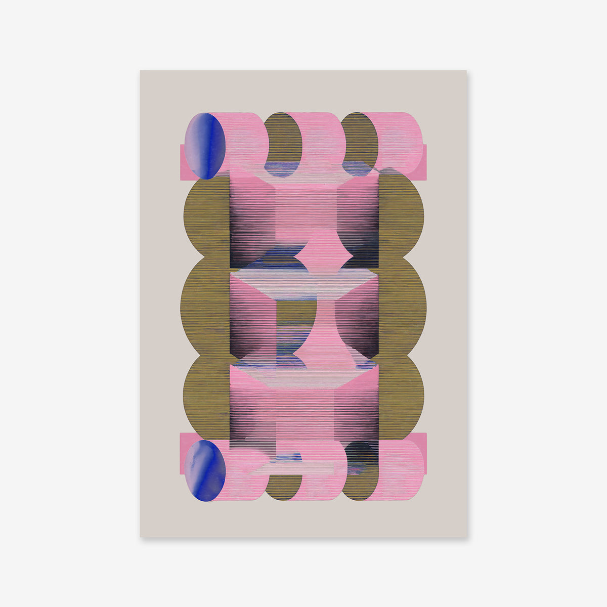 'Roll' is a Giclée art print featuring layered geometric shapes in pink and olive green, with blue circular accents on a light beige background. Printed on premium archival paper, it’s perfect for modern interiors.