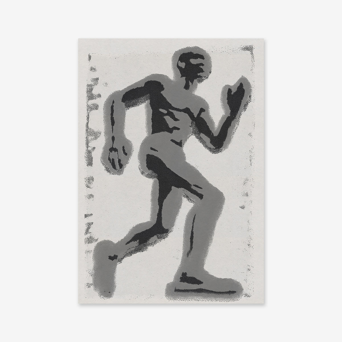 Running is a grayscale giclée art print depicting a person in profile, running with one arm bent forward and the other back on a light background. Its stippled texture makes it perfect for modern interior decor.