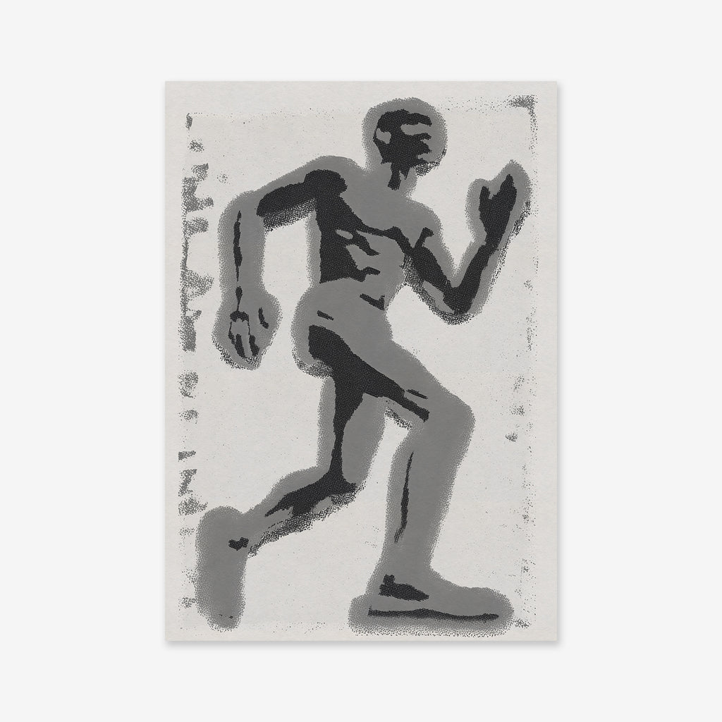 Running is a grayscale giclée art print depicting a person in profile, running with one arm bent forward and the other back on a light background. Its stippled texture makes it perfect for modern interior decor.
