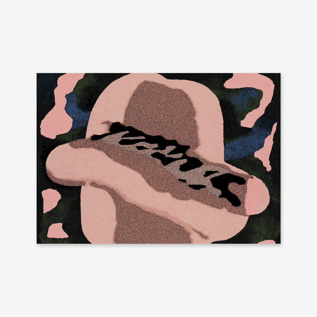 Introducing "Saucy": Abstract artwork with overlapping organic shapes in muted pink, black, and dark green. A camouflage-inspired texture accents the center on a white background—perfect as a Giclée print for modern interiors.