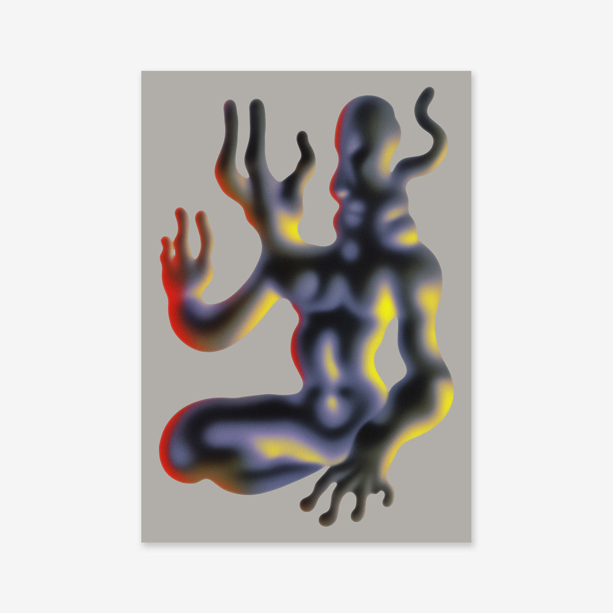 Seaweed man is an abstract digital artwork of a surreal, humanoid figure with fluid, elongated limbs and multiple arms in black, blue, yellow, and red on gray—perfect as a Giclée art print for modern interiors.