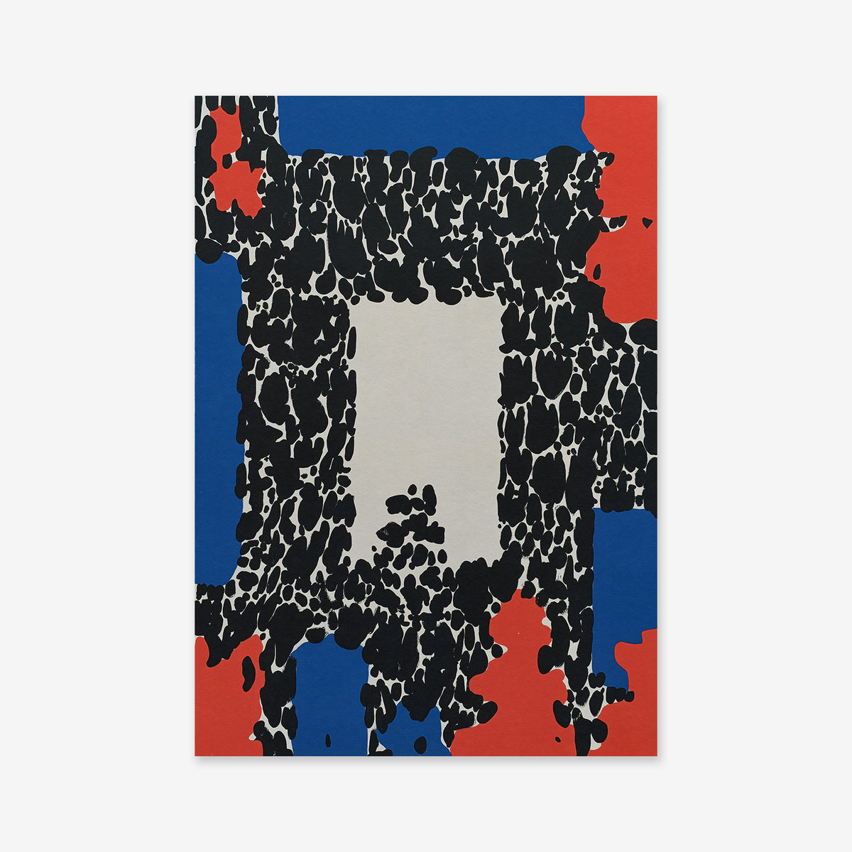 Secret Doorway" showcases abstract black shapes circling a central light gray rectangle, framed by striking red and blue. This giclée art print adds graphic energy and bold style to any modern interior.