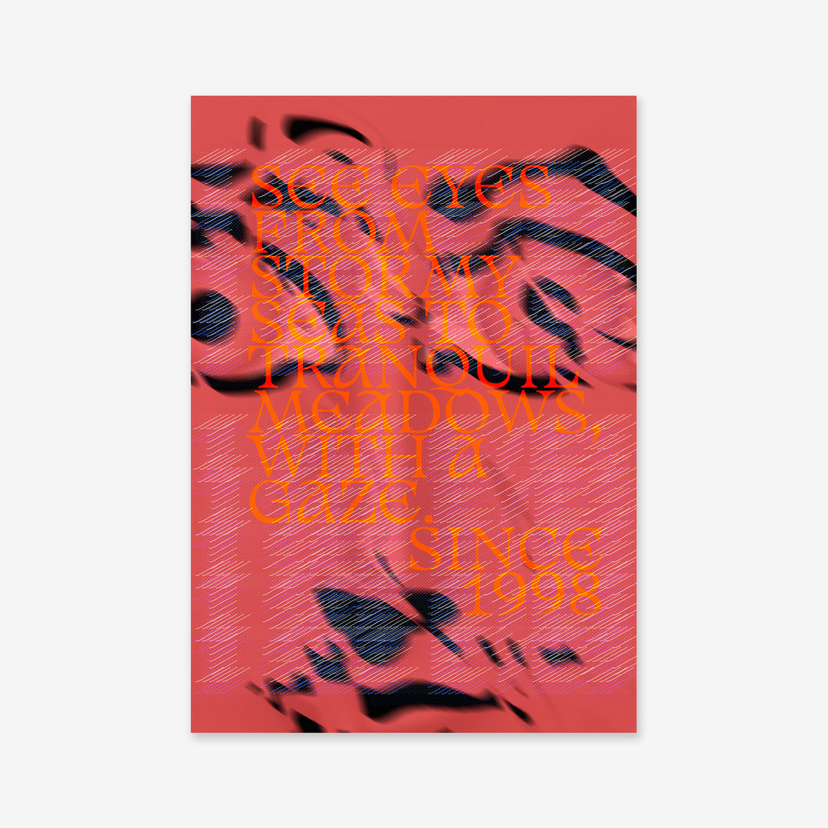 See eyes No. 2 is a red poster with abstract black and white patterns and bold yellow text: “SEE EYES FROM STORMY SEAS & RANDOM WINDOWS WITH A GAZE SINCE 1998.” An eye-catching giclée art print for modern interiors.