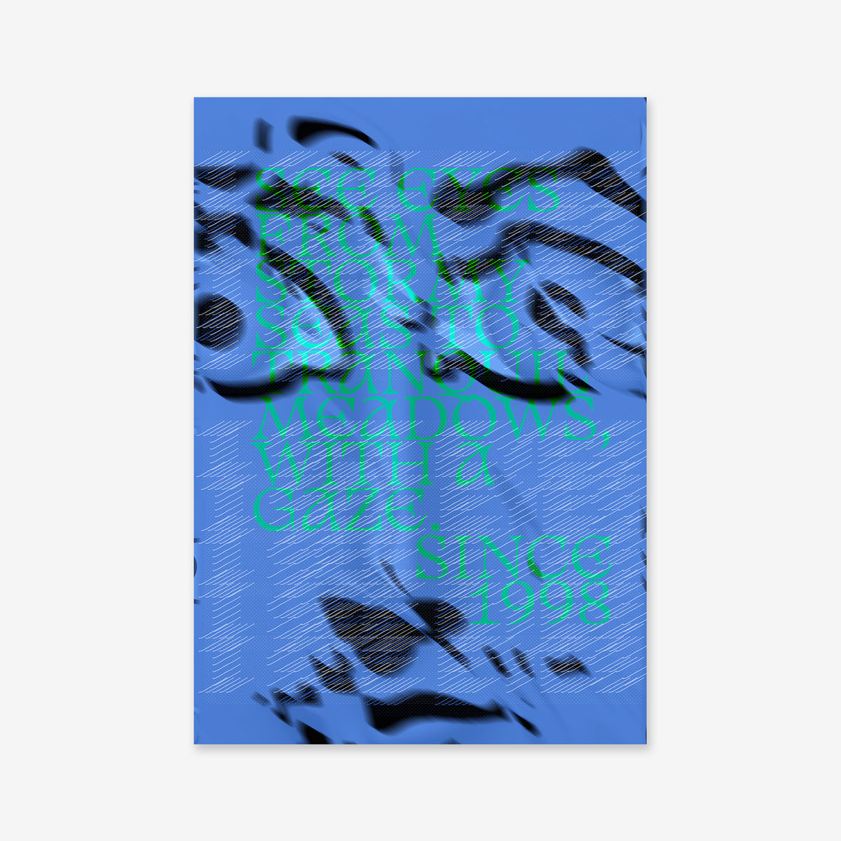 See eyes No. 1: Giclée art print featuring abstract wavy black lines on blue, overlaid with distorted green text reading “ALL OUR WINDOWS WITH A GRACE SINCE 1998.” Printed on archival paper for lasting quality, ideal for modern interiors.