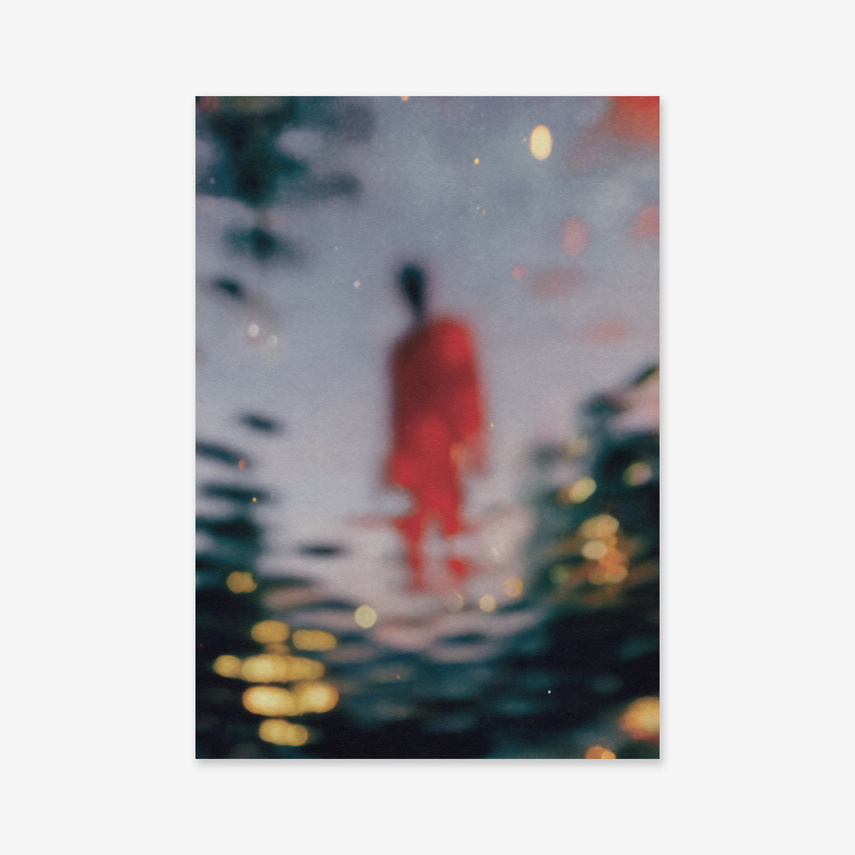 Self reflect" features a blurred figure in red outdoors, surrounded by colorful lights and reflections, creating a dreamy, surreal vibe—ideal as a giclée art print to enhance any modern interior.