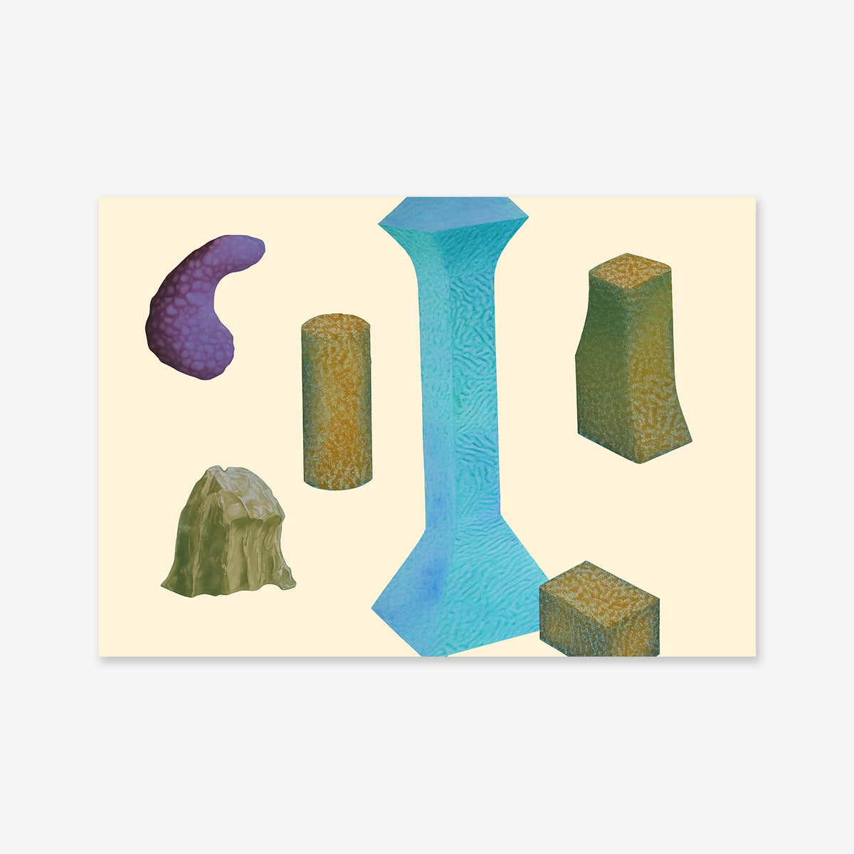 Shapes of stones No. 4 features a large blue geometric figure centered among abstract shapes in varied colors and textures, all on a light beige background. Ideal as a giclée art print for modern interiors.