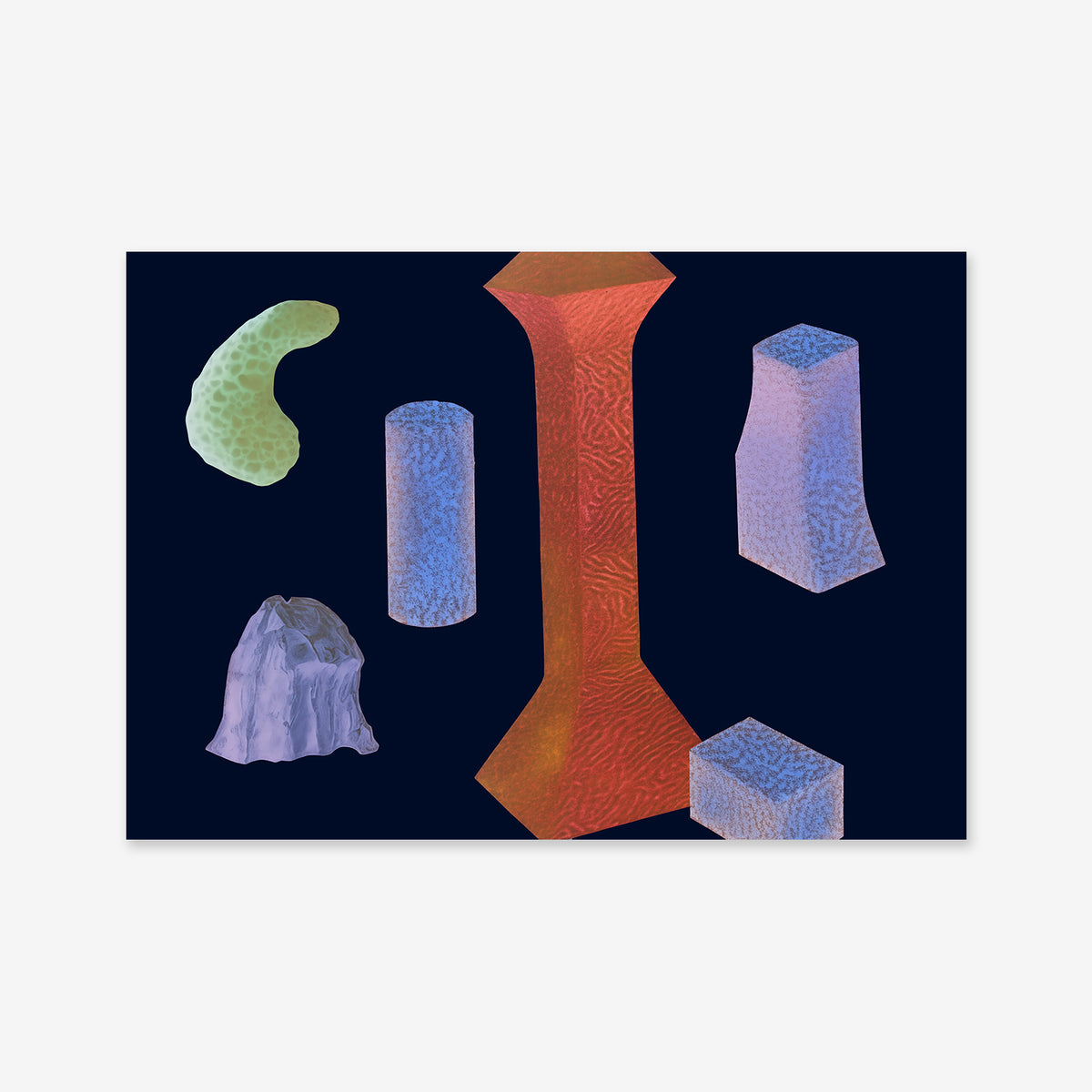 Shapes of stones No. 5" is an abstract digital artwork with six vibrant 3D shapes on a dark blue background—ideal as a giclée art print for modern interiors, printed on matte archival paper.
