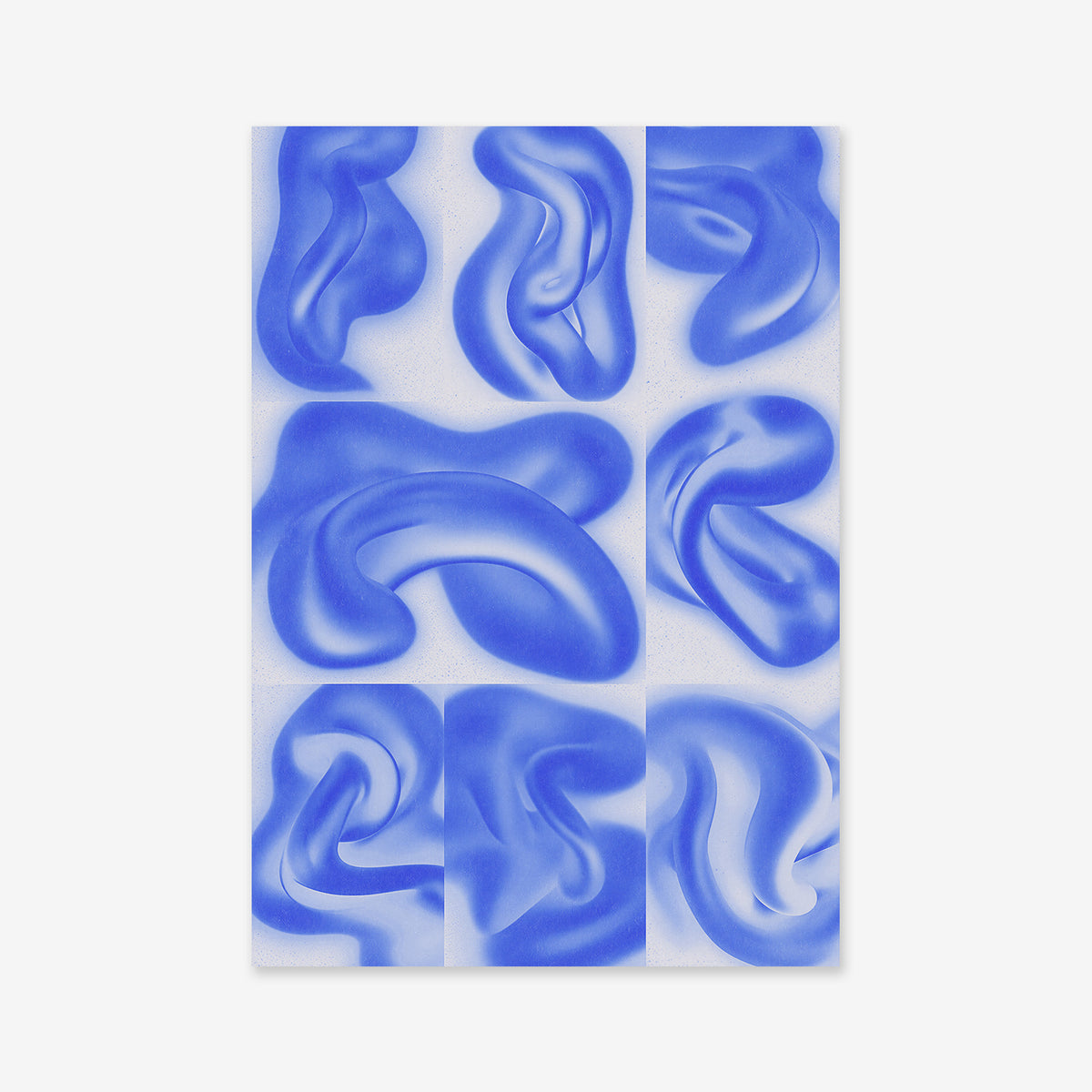 Shapes divided - Blue is an abstract giclée art print featuring nine rectangles with organic blue shapes on white, evoking movement and fluidity—an elegant choice for any modern interior.