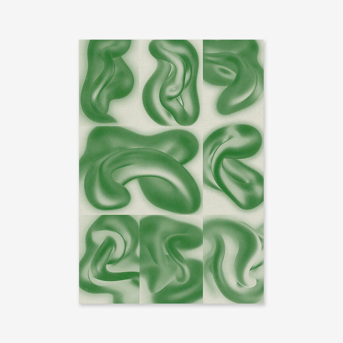 Shapes divided - Dark green" is an abstract Giclée art print with nine rectangles of fluid green shapes on a light background, creating a harmonious pattern ideal for modern interiors.