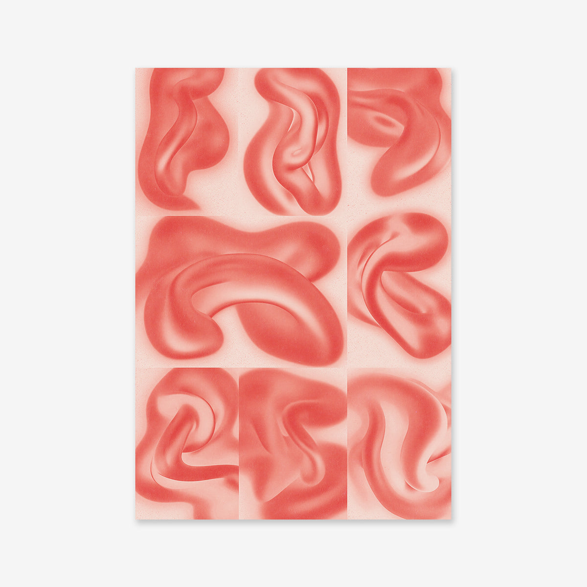 Shapes divided - Red" is an abstract Giclée art print featuring nine rectangles with smooth red organic shapes on a light background, adding modern flair with its fluid forms and curves, printed on premium archival paper.