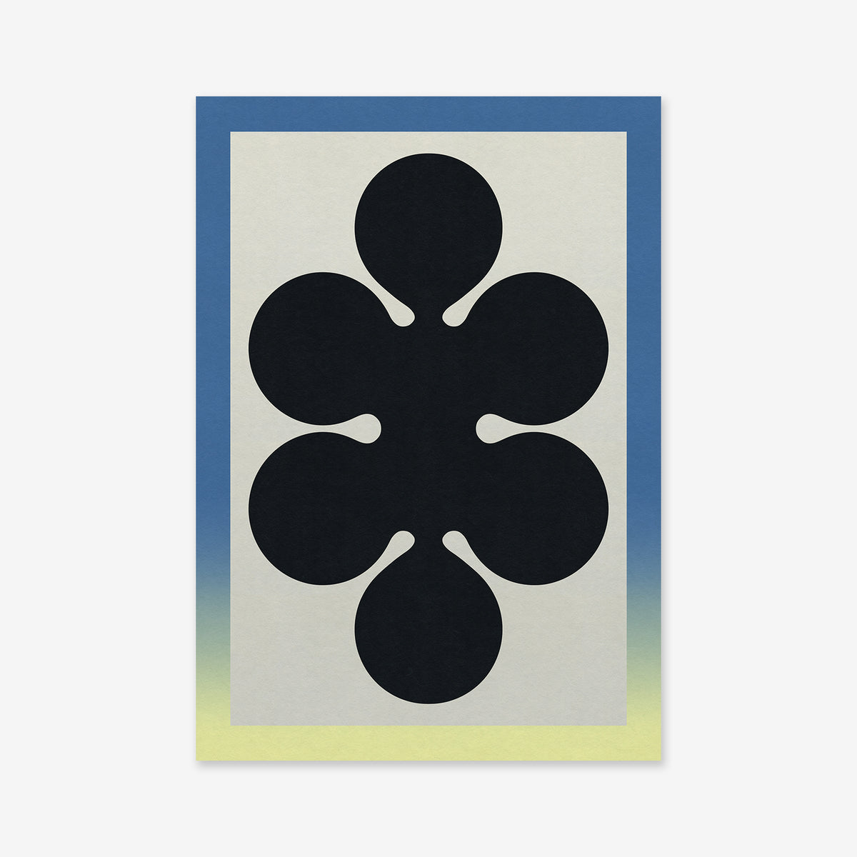 Shapes dividing No. 4 is a minimalist giclée art print featuring a large, abstract black shape with six rounded lobes on a light background and a gradient border that fades from blue to yellow—ideal for modern interiors.