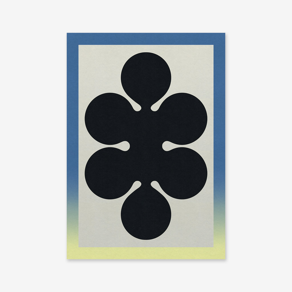 Shapes dividing No. 4 is a minimalist giclée art print featuring a large, abstract black shape with six rounded lobes on a light background and a gradient border that fades from blue to yellow—ideal for modern interiors.