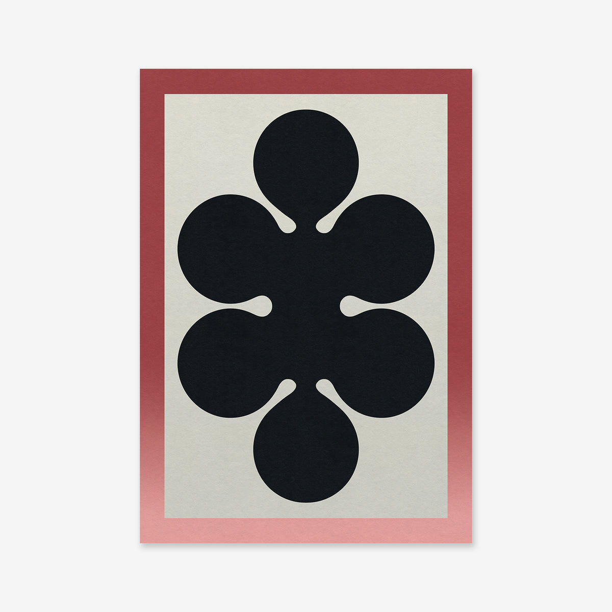 Shapes dividing No. 5 is a modern abstract giclée art print featuring a bold black six-lobed organic form on a light background, framed by a striking gradient red-pink border—ideal for contemporary interiors.