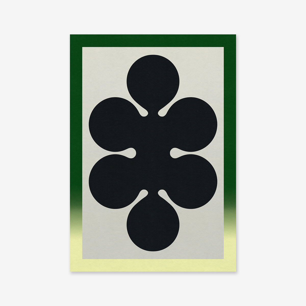 Shapes dividing No. 6 is an abstract giclée art print with a black six-lobed symmetrical form on a light background, bordered by a green-yellow gradient frame. Printed on premium archival paper, it’s ideal for modern interiors.