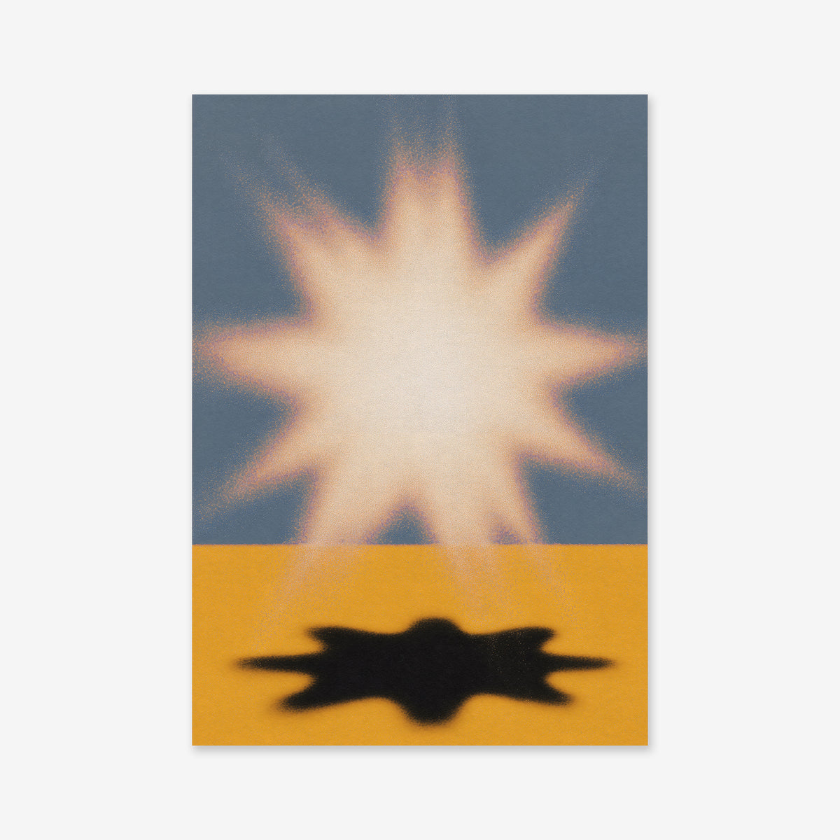 Shine bright" features a blurred, glowing white star above a yellow band with its reflection below, set against a muted blue background—ideal as a Giclée art print for modern interiors.