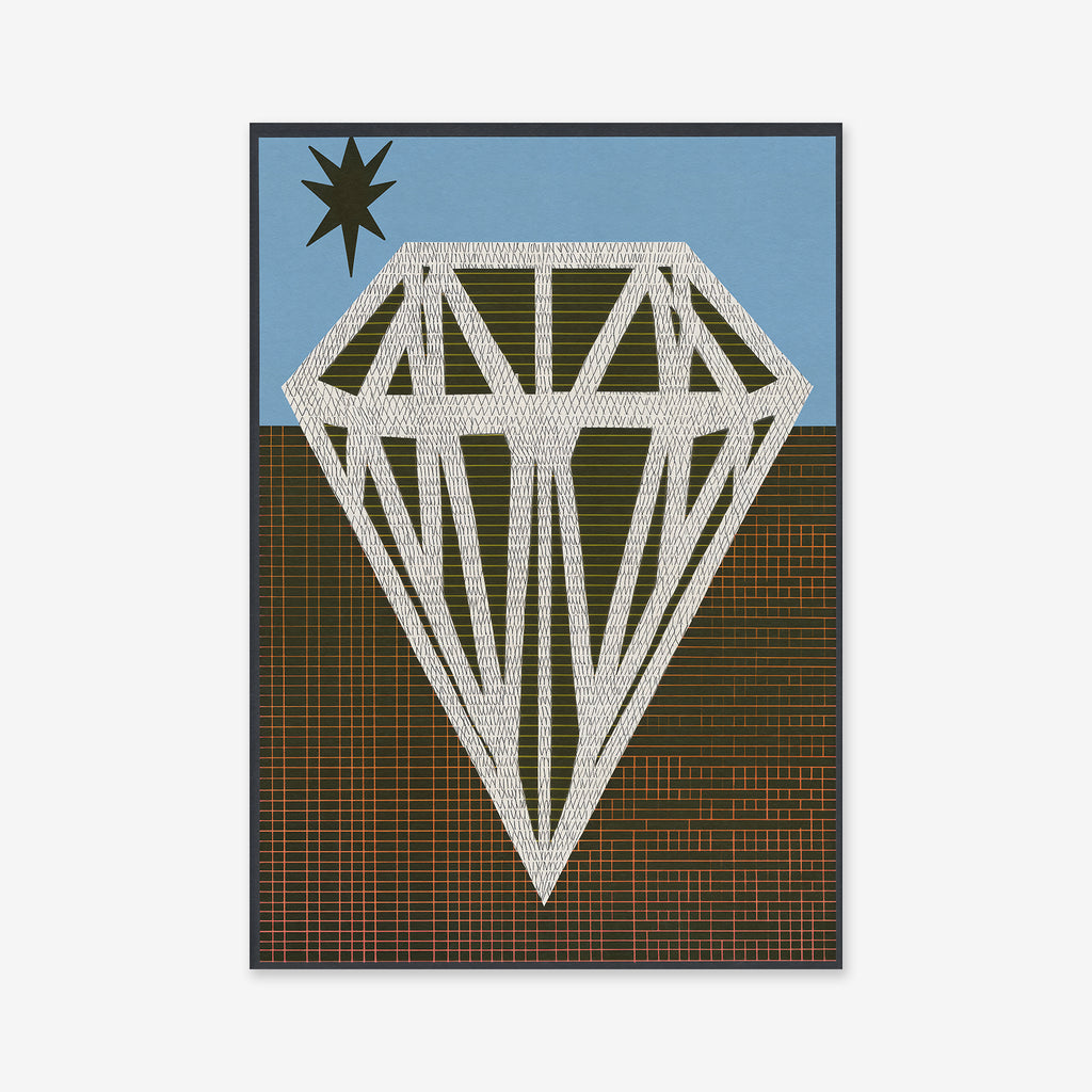 Shiny diamond features a geometric diamond with white lines against a blue sky and brown grid, topped by a black eight-pointed star. This bold giclée art print is ideal for modern interiors and printed on matte archival paper.