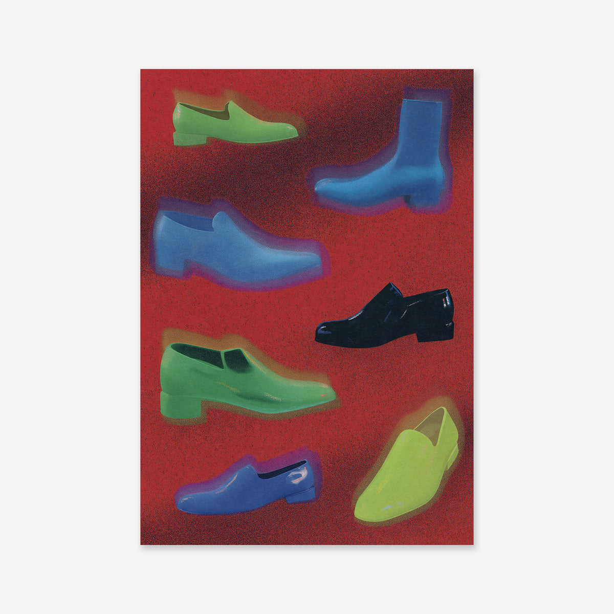 Shoe collection: A digital illustration of men's shoes in blue, green, and black with glowing edges on a textured red background—ideal as a giclée art print for any modern interior.