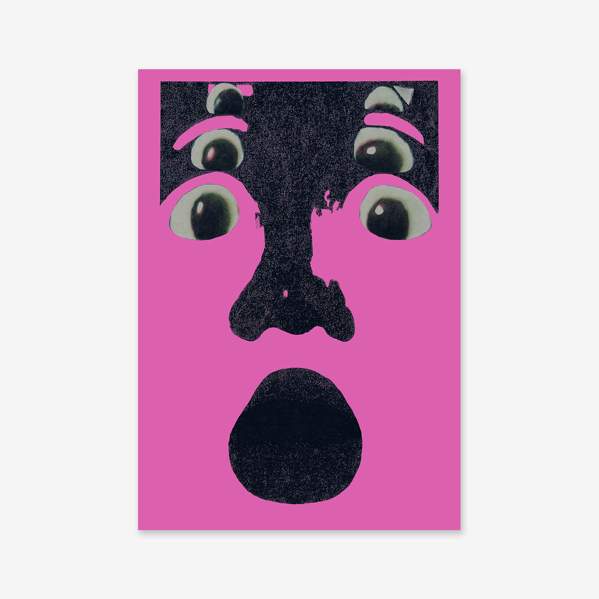 Shook" is a giclée art print featuring a surreal shocked face on a pink background, with wide eyes, open mouth, and two extra sets of eyes stacked above—ideal for adding bold modern style to your decor.
