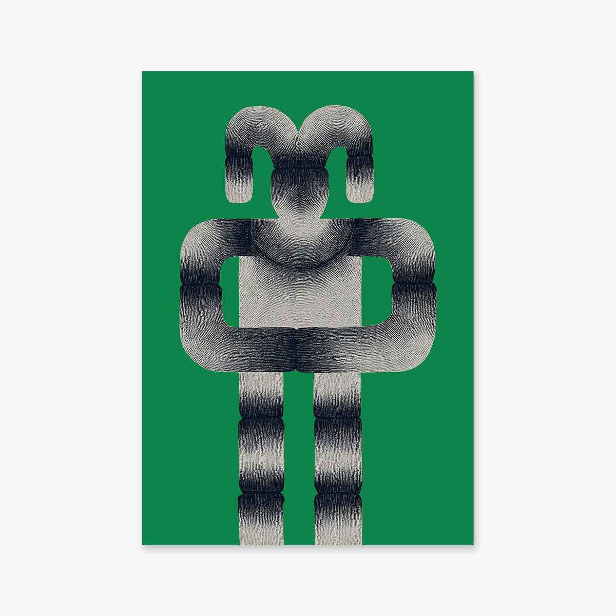 Shy ram features abstract black and gray curved, segmented shapes on a solid green background, evoking a stylized human form. This giclée art print adds modern intrigue to any interior.