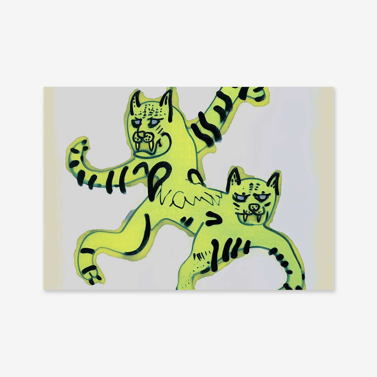 A vibrant giclée art print titled "Siamese tiger" depicts a bright yellow, two-headed cat with black stripes in playful poses on a light background—perfect for adding character to any modern interior.